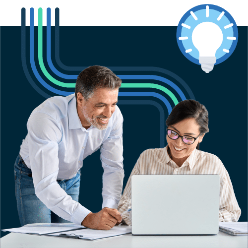 Two smiling co-workers looking at a laptop with journey lines and a light bulb icon in the background.