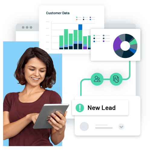 Woman standing with a tablet with a lead generation workflow.